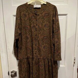 VINTAGE Adrienne Vittadini Woman Paisley Cotton Dress 1970s/80s Long Sleeve 1XL